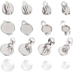 UNICRAFTALE 4 Sizes 8mm/10mm/12mm/14mm Clip-on Earring Blanks with Cabochons 40sets Stainless Steel Earring with Glass Cabochon Flat Tray Leverback Earring for Non-Pierced Ears DIY Earrrings