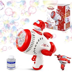 Super Wings Bubble Gun Blaster with Bubble Refill Solution for Kids, Bubble Machine with Jett Figure for Toddlers, Bubble Blaster for Wedding Birthday Party, Bubble Maker for Summer Outdoor Backyard