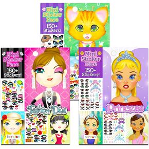 Create a Face Sticker Books 5"x7" Bulk Set for Kids, Toddlers Ages 4-8 - Bundle with 450+ Stickers 75 Sticker Sheets | 3 Sticker Pad Activity Books Girls Featuring Princess, Pets, and Diva