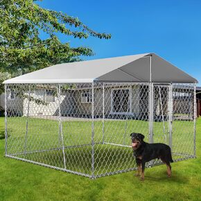 Upgraded 7.5×7.5×5.6FT Outdoor Dog Kennel with Roof, Large Dog House Pen Enclosure with Sidebar, Heavy Duty Chain Link Dog Kennel with Lock for Outside Backyard