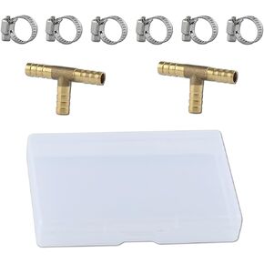 2PS 1/4" 3 Ways Brass Hose Splicer Fitting With 6 PCS Hose Clamp Brass Barb Tee Fittings ID Hose Pipe Fitting T-Shaped 3 Way Union Intersection Fitting Barbed Tee Connector for Oil Water Air
