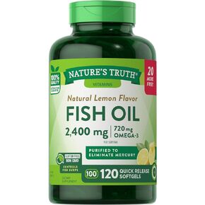Fish Oil 2400mg | 120 Quick Release Softgels | 720 mg Omega 3 | Burpless Lemon Flavor Pills | Non-GMO & Gluten Free Supplement | by Nature's Truth