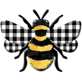 Craig Bachman 12" Metal Embossed Bee Hanger: Plaid Check Colorful Wall and Door Decoration for Seasonal Celebrations, Perfect as Home Decor or Wreath Accent