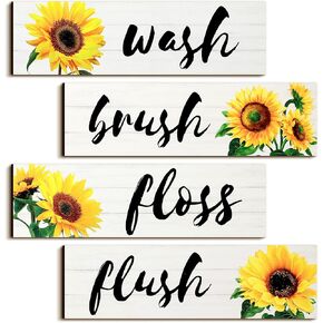 Jetec 4 Pieces Bathroom Wall Decor Signs Wash Brush Floss Flush Sunflowers Signs Rustic Bathroom Wooden Signs Sunflower Wood Wall Plaque Vintage Wooden Decor for Laundry Room Bathroom (White) in Kuwait