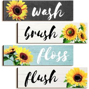 Jetec 4 Pieces Bathroom Wall Decor Signs Wash Brush Floss Flush Sunflowers Signs Rustic Bathroom Wooden Signs Sunflower Wood Wall Plaque Vintage Wooden Decor for Laundry Room Bathroom (White)
