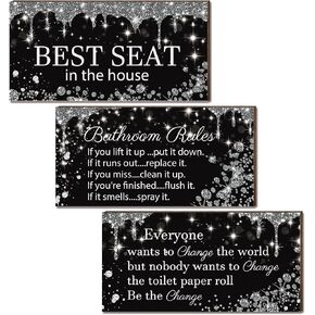 3 Pcs Glitter Diamond Bathroom Decorations Wall Art Rustic Bathroom Wall Decor Black and Silver Bathroom Decor Silver Shiny Drips Wooden Hanging Signs for Home Spa Bathroom Decorations