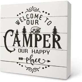 Camper Welcome Box Sign - Camper Gifts, RV Wooden Desk Sign 5x5, Travel Wall Decor, Camping Decor for Camper, Camper Decorations for Inside, Happy Camper Gifts