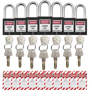 SAFBY Lockout Tagout Lock 7pcs Key Alike OSHA Loto Safe Padlocks and 10pcs Lockout TagOut Tags for Lock Out Tag Out Stations and Devices with Number 1-7 (Keyed Alike, 7-black Locks with 10 Tags)