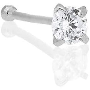 14K Solid White Gold Nose Ring Bone CZ Prong Set - 0.5mm 24 Gauge 9mm Long