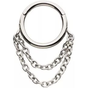Pierced Owl 16GA 316L Stainless Steel Hoop with Double Dangling Chains Hinged Segment Ring