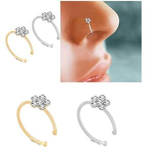 Silver Gold Thin Diamond Flower Clear Crystal Nose Ring Stud Hoop-Sparkly Crystal Nose Ring (2 pcs)