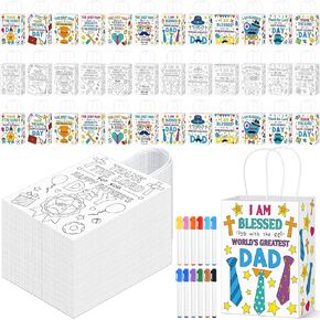 72 Pcs Father's Day Coloring Bags Religious Color Your Own Dad Paper Gift Bags Bulk DIY Father Coloring Goodie Bags with Handle Father's Day Craft with 24 Pens for Father's Day Gift Wrapping