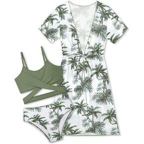 الفتيات ملابس السباحة الاستحمام الدعاوى للفتيات في سن المراهقة 3 قطعة الطباعة الاستوائية متقاطع بيكيني مجموعة مع التستر المايوه للفتيات في سن المراهقة الدعاوى الاستحمام للفتيات 12-14 شجرة النخيل الخضراء حجم 13-14 in Kuwait