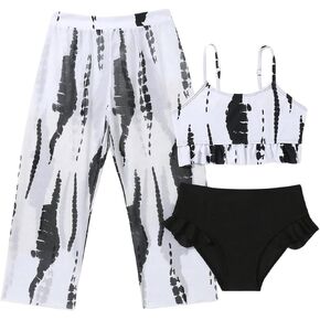 Verdusa Girl's 3 Piece Swimsuits Tie Dye Ruffle Holiday Bikini Set with Cover Ups