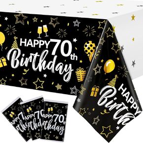 3 Pieces Happy Birthday Table Cover Party Decorations, Large Black and Gold Rectangular Table Cover for Birthday Anniversary Theme Party Supplies, 54 x 108 Inch (70 Years Old Style)
