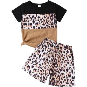 Kid Toddler Girl Clothes Leopard Print Twist Hem Tee Top + Shorts Girls Summer Outfits Set(6-7T)