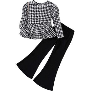 WDIRARA Girl's 2 Piece Outfits Houndstooth Long Sleeve Top and Flare Leg Pants Set