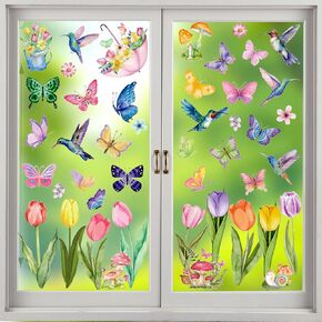 Konsait 9 Sheets Spring Gnome Window Clings, Large Static Flower Butterfly Gnomes Window Stickers, Gnomes Window Decals for Home Office Decorations