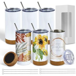 BetterSub 6 Packs 17oz Sublimation Cork Like Silcone Bottom Tumbler, Double Wall Insulated Stainless Steel Sublimation Blanks with Lid, Straw, Brush, Display Box for Office, Home