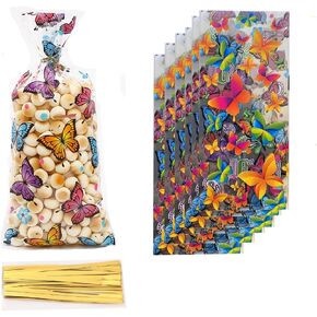 UY 50PCS Butterflies Cellophane Treat Bags Plastic Butterfly Party Favors Watercolor Cello Candy Bag with Twist Ties for Theme Baby Shower Girl Birthday Supplies