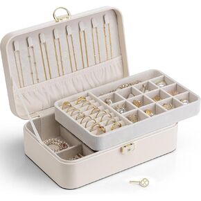 Vlando Lockable Jewelry Box,Faux Leather Jewelry Organizer for Women,Medium Jewelry Case Storage with 2 Drawn,Earrings Necklace Boxes Gift Box Packaging White