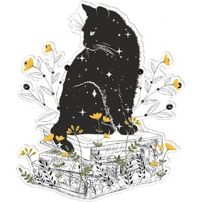 Sticker, Cute Black Cat On Book Flower Sticker, Waterproof Decal, Sticker Decal Car Laptop Wall Window Bumper Sticker, Size 4 in