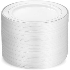 Munfix 100 Silver Plastic Plates Set, 10.25 Inch Plastic Dinner Plates, Fancy Disposable Plates, Heavy Duty Party Plates, Elegant Wedding Plates, White with Silver Rim