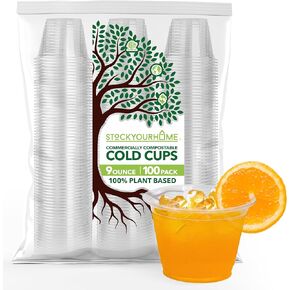 Stock Your Home 9 oz Clear Commercially Compostable Cold Cups (100 Pack) Plant Based Eco Party Cup, Environmentally Friendly Recyclable Disposable Sustainable for Water, Wine & Beer Sample