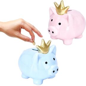 MeantToBe Piggy Bank for Kids - Set of 2 - Unbreakable Ceramic Coin Banks for Boys and Girls - Blue & Pink Kids Piggy Banks - Children's Money Saving Box - 5.1"x4.6"x5.5" inches