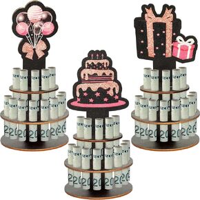JAPBOR 3Pcs Wooden Birthday Money Holder for Cash Gift, Double Layer Cash Holders with 25 Holes, Happy Birthday Cake Money Holder for Bady Party Placing Money Decoration Supplies（Black Gold）