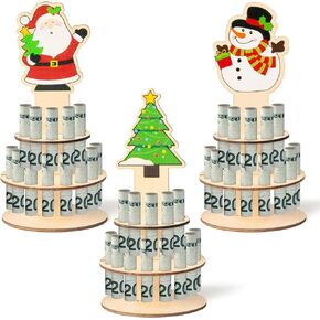 JAPBOR 3Pcs Wooden Birthday Money Holder for Cash Gift, Double Layer Cash Holders with 25 Holes, Happy Birthday Cake Money Holder for Bady Party Placing Money Decoration Supplies（Black Gold）