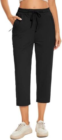 Women Casual Capris 21" with Deep Zippered Pockets Drawstring Comfy Tapered Sweatpants for Travel Work in Saudi Arabia