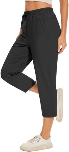 Women Casual Capris 21" with Deep Zippered Pockets Drawstring Comfy Tapered Sweatpants for Travel Work in Saudi Arabia