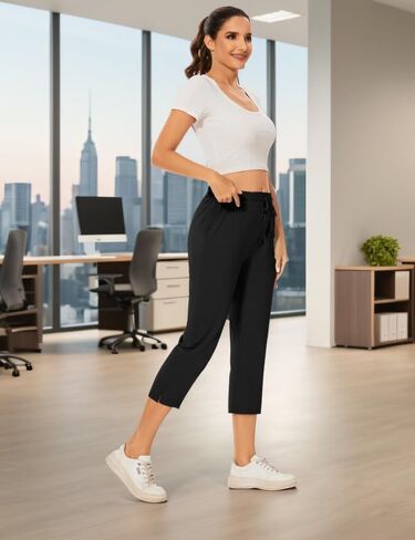 Women Casual Capris 21" with Deep Zippered Pockets Drawstring Comfy Tapered Sweatpants for Travel Work in Saudi Arabia