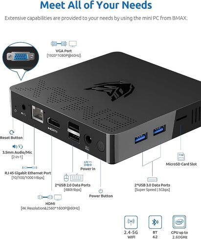 كمبيوتر صغير Bmax B1 Pro Intel N4000 (حتى 2.6 جيجا هرتز) 8 جيجا LPDDR4/128 جيجا بايت eMMC كمبيوتر صغير WiFi5 HDMI/VGA 4K HD 2.4 جيجا هرتز/5 جيجا هرتز ثنائي واي فاي BT4.2 كمبيوتر صغير in Kuwait