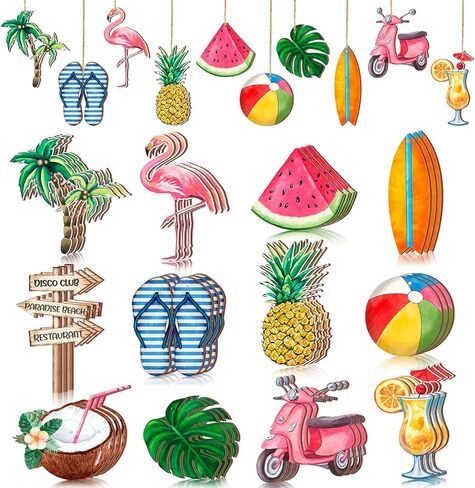 Maitys 36 Pcs Summer Tree Ornaments Beach Wooden Slices Decorative Hanging Decoration Flamingo Coconut Pendant Decorations with String for Hawaiian Luau Party Supplies Outdoor(Hawaiian) in Saudi Arabia