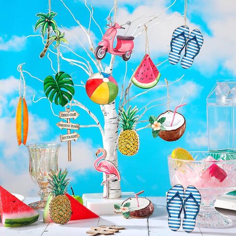 Maitys 36 Pcs Summer Tree Ornaments Beach Wooden Slices Decorative Hanging Decoration Flamingo Coconut Pendant Decorations with String for Hawaiian Luau Party Supplies Outdoor(Hawaiian) in Saudi Arabia