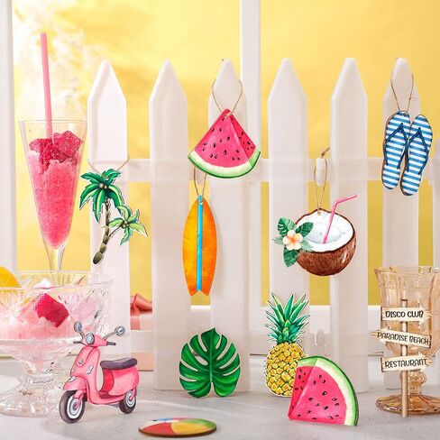 Maitys 36 Pcs Summer Tree Ornaments Beach Wooden Slices Decorative Hanging Decoration Flamingo Coconut Pendant Decorations with String for Hawaiian Luau Party Supplies Outdoor(Hawaiian) in Saudi Arabia
