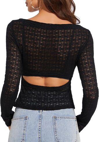 Women's Long Sleeve Crewneck Cut Out Back Lace T Shirts Sexy Mesh Slim Fit Y2k Going Out Crop Tops Streetwear in Saudi Arabia