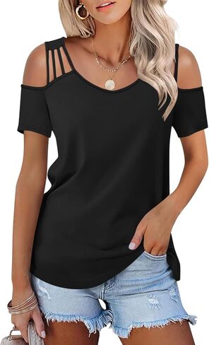 Women's Cold Shoulder Short Sleeve Tops V Neck Summer Shirts Casual Ladies Tees in Saudi Arabia