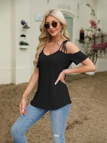 Women's Cold Shoulder Short Sleeve Tops V Neck Summer Shirts Casual Ladies Tees in Saudi Arabia