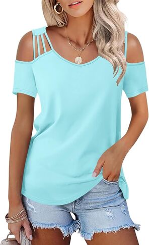 Women's Cold Shoulder Short Sleeve Tops V Neck Summer Shirts Casual Ladies Tees in Saudi Arabia