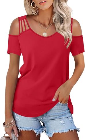 Women's Cold Shoulder Short Sleeve Tops V Neck Summer Shirts Casual Ladies Tees in Saudi Arabia