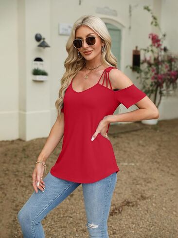 Women's Cold Shoulder Short Sleeve Tops V Neck Summer Shirts Casual Ladies Tees in Saudi Arabia