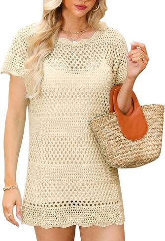 Womens Swimsuit Cover Up Crochet Hollow Out Cover Up Summer Bikini Swimwear Knit Beachwear Pullover Beach Dress in Saudi Arabia