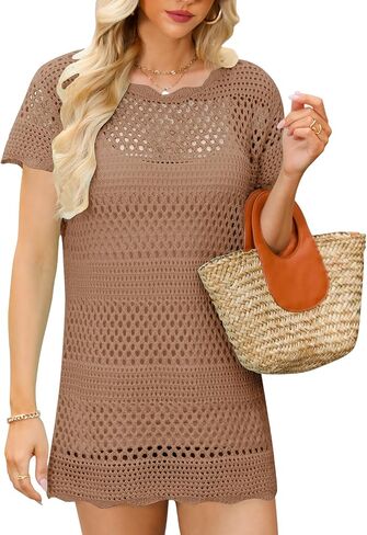 Womens Swimsuit Cover Up Crochet Hollow Out Cover Up Summer Bikini Swimwear Knit Beachwear Pullover Beach Dress in Saudi Arabia