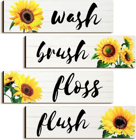 Jetec 4 Pieces Bathroom Wall Decor Signs Wash Brush Floss Flush Sunflowers Signs Rustic Bathroom Wooden Signs Sunflower Wood Wall Plaque Vintage Wooden Decor for Laundry Room Bathroom (White) in Kuwait