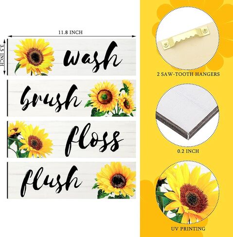 Jetec 4 Pieces Bathroom Wall Decor Signs Wash Brush Floss Flush Sunflowers Signs Rustic Bathroom Wooden Signs Sunflower Wood Wall Plaque Vintage Wooden Decor for Laundry Room Bathroom (White) in Kuwait