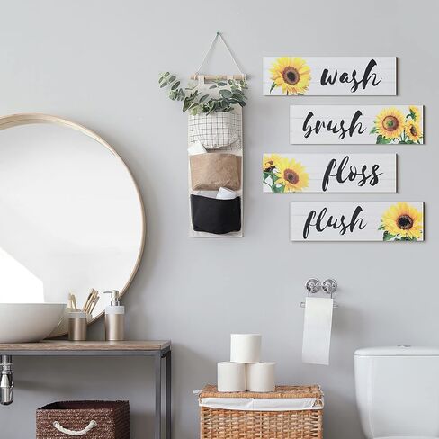 Jetec 4 Pieces Bathroom Wall Decor Signs Wash Brush Floss Flush Sunflowers Signs Rustic Bathroom Wooden Signs Sunflower Wood Wall Plaque Vintage Wooden Decor for Laundry Room Bathroom (White) in Kuwait