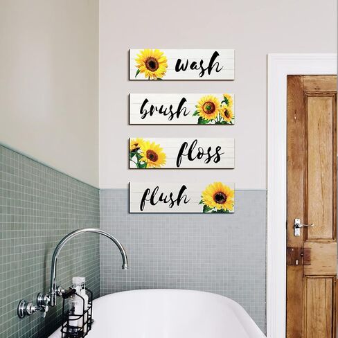 Jetec 4 Pieces Bathroom Wall Decor Signs Wash Brush Floss Flush Sunflowers Signs Rustic Bathroom Wooden Signs Sunflower Wood Wall Plaque Vintage Wooden Decor for Laundry Room Bathroom (White) in Kuwait